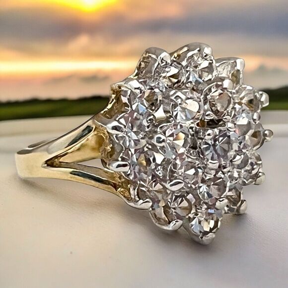 Vintage Jewelry - Vintage Ring Size 5 Cubic Zirconia Cluster Ring 14K Gold Plate Mid-Century 14G